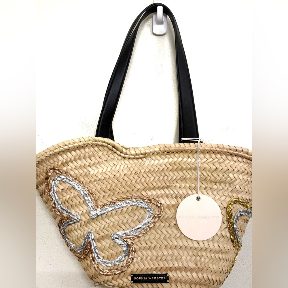 NWT Sophia Webster Taya Raffia Tote Mixed Metallic Butterfly & Black Leather - Picture 7 of 16